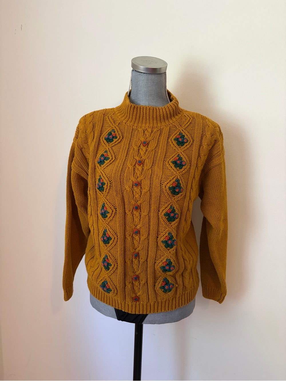 Vintage Mustard Cable Knit Cotton Sweater with Floral Crochet